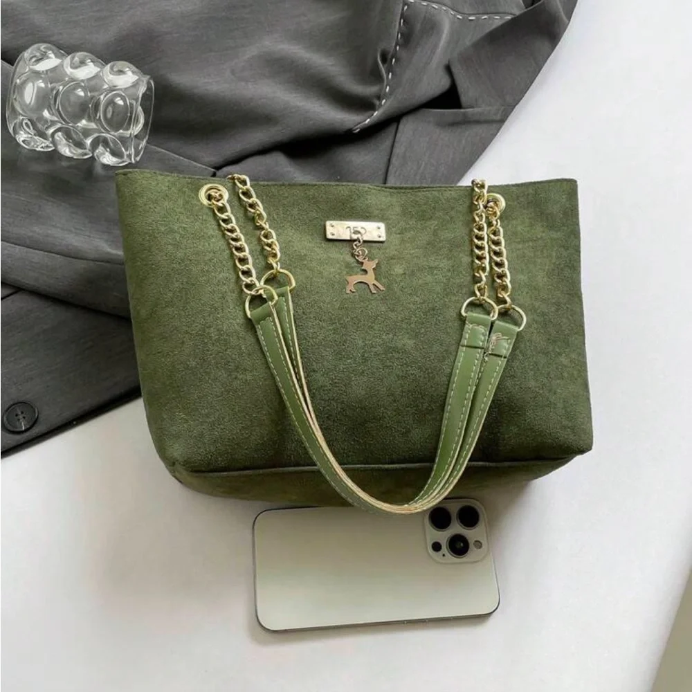 ⚠️Clearance Chain Shoulder Elegant Green Suede Tote Bag with Gold Chain - Picture 8 of 9